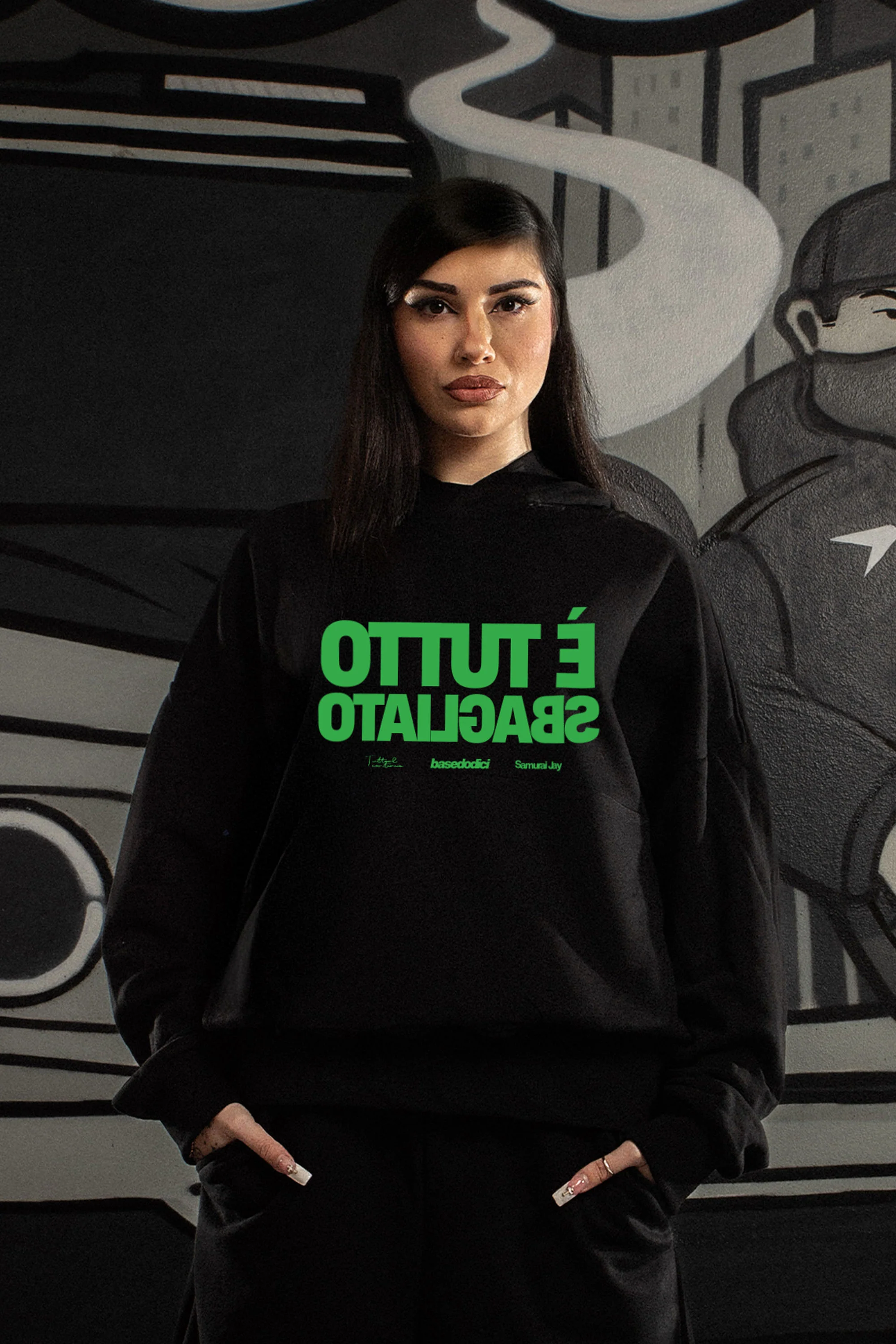 Hoodie "SAMURAIJAYxBASEDODICI" TuttoSbagliato Black/Green - Image 2