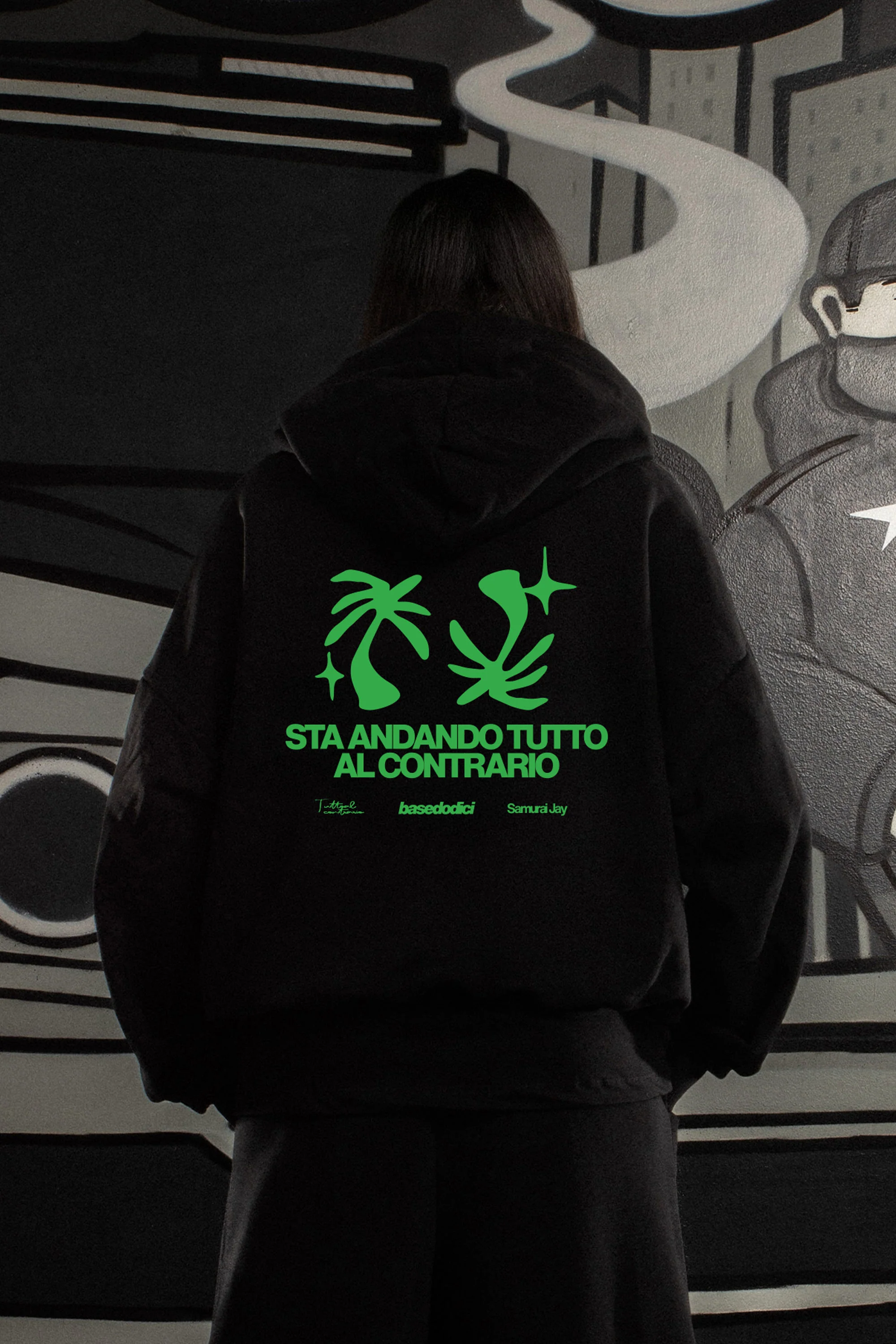 Hoodie "SAMURAIJAYxBASEDODICI" TuttoSbagliato Black/Green - Image 3