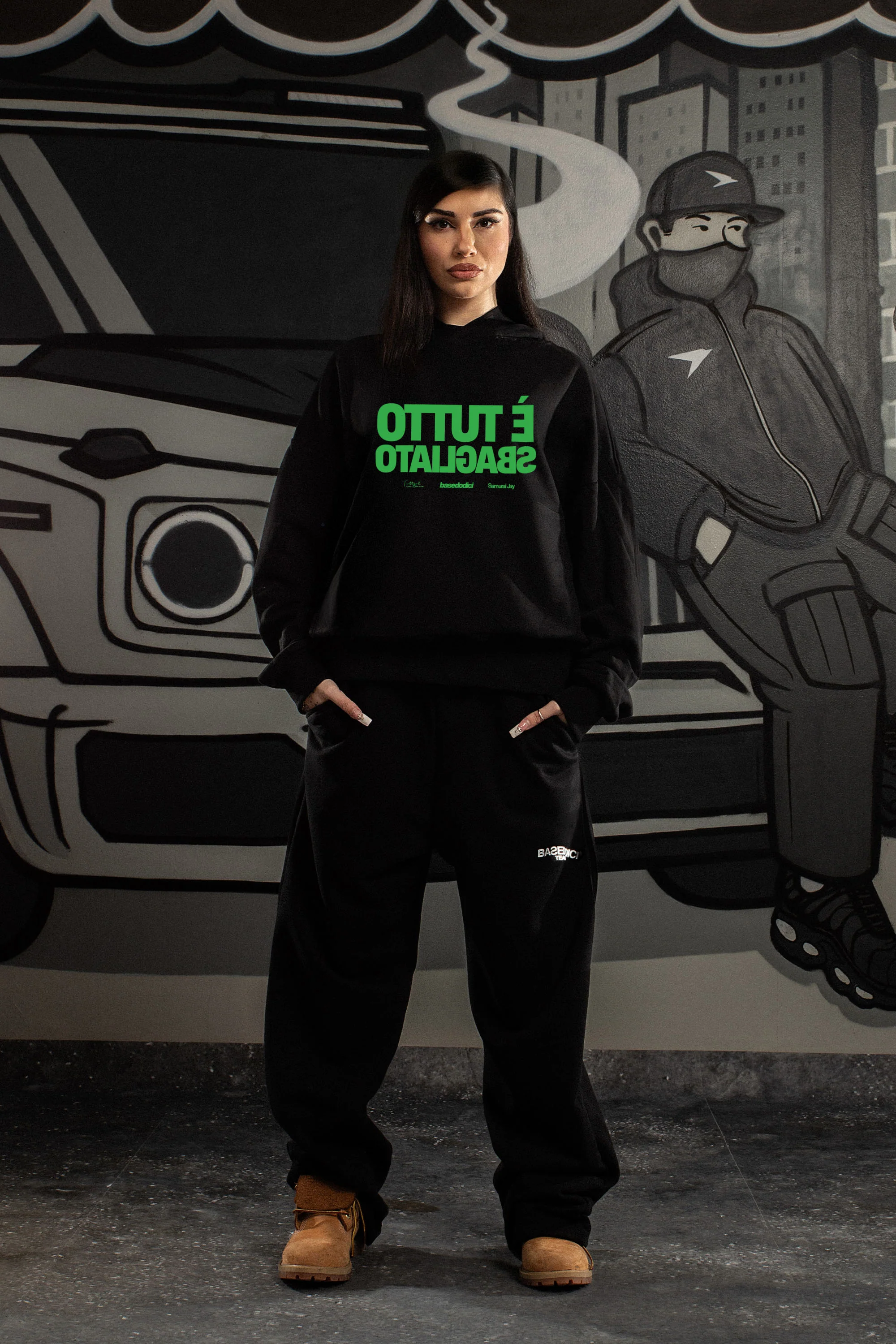 Hoodie "SAMURAIJAYxBASEDODICI" TuttoSbagliato Black/Green - Image 4