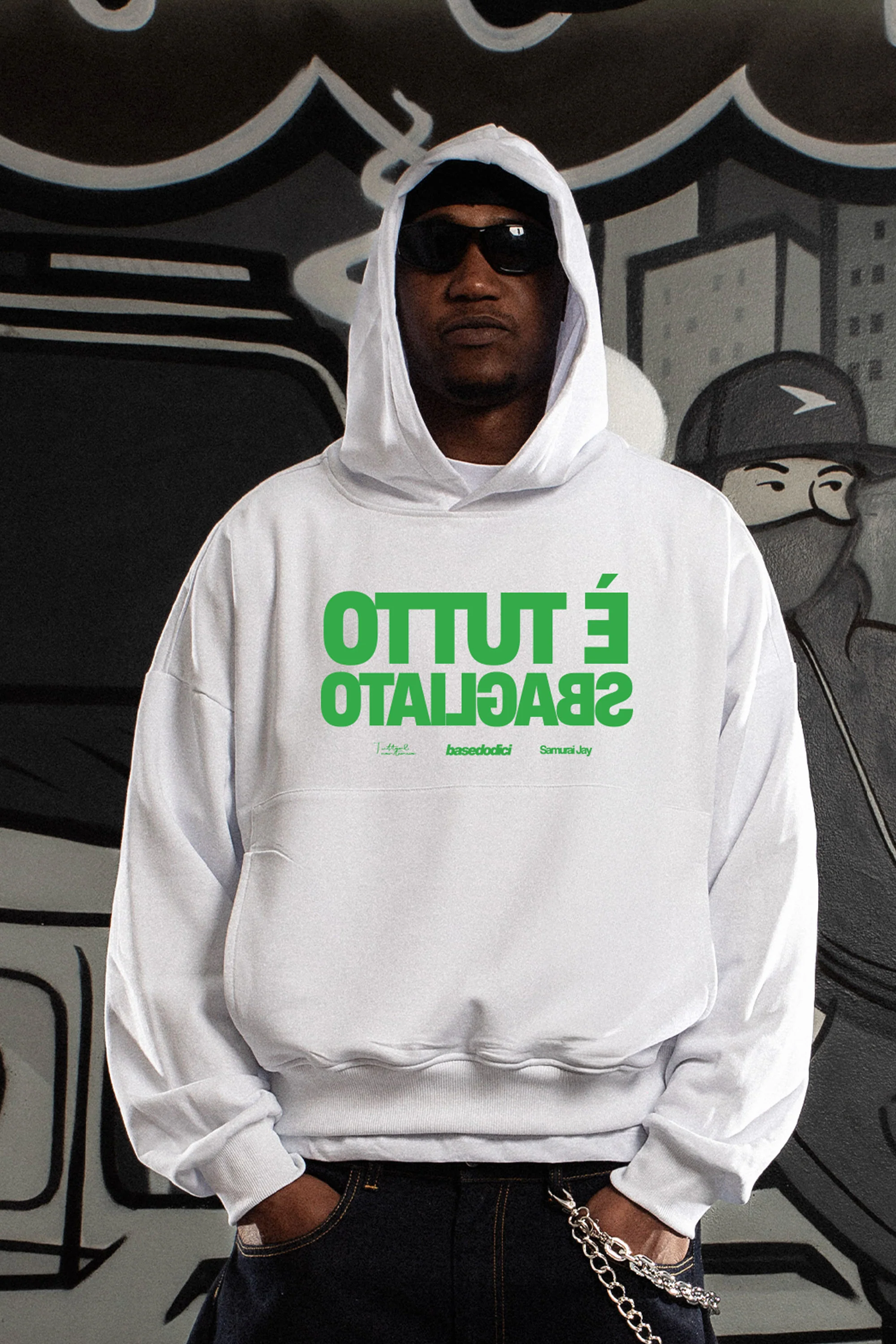 Hoodie "SAMURAIJAYxBASEDODICI" TuttoSbagliato White/Green - Image 5