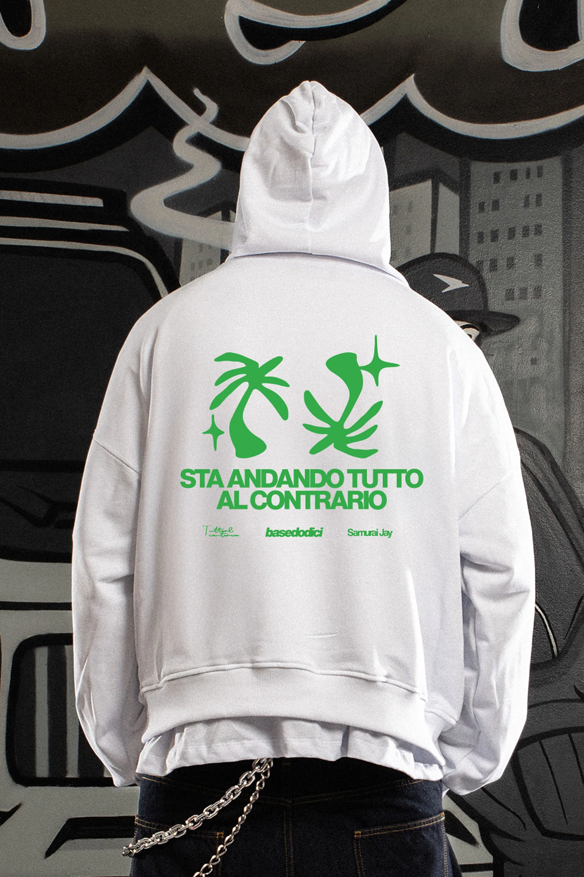 Hoodie "SAMURAIJAYxBASEDODICI" TuttoSbagliato White/Green - Image 6