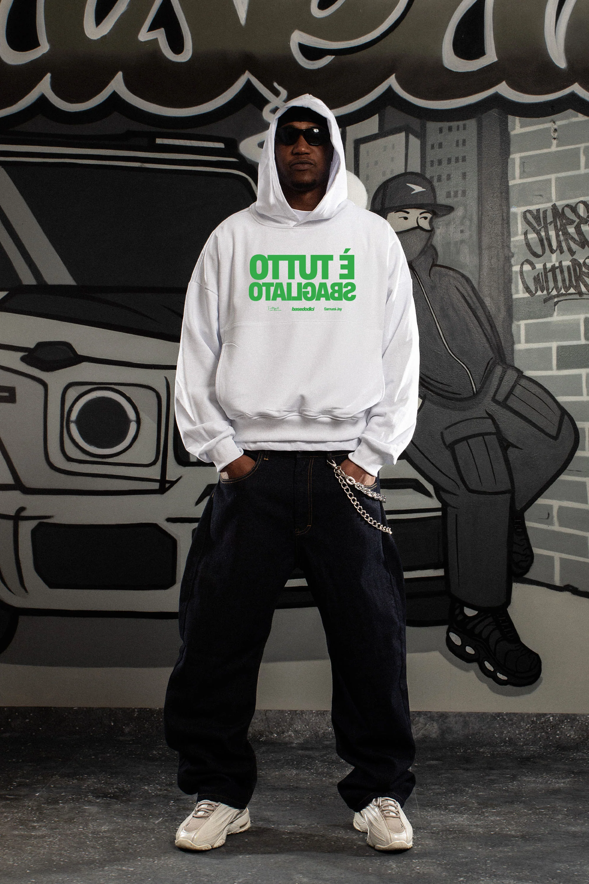 Hoodie "SAMURAIJAYxBASEDODICI" TuttoSbagliato White/Green - Image 7