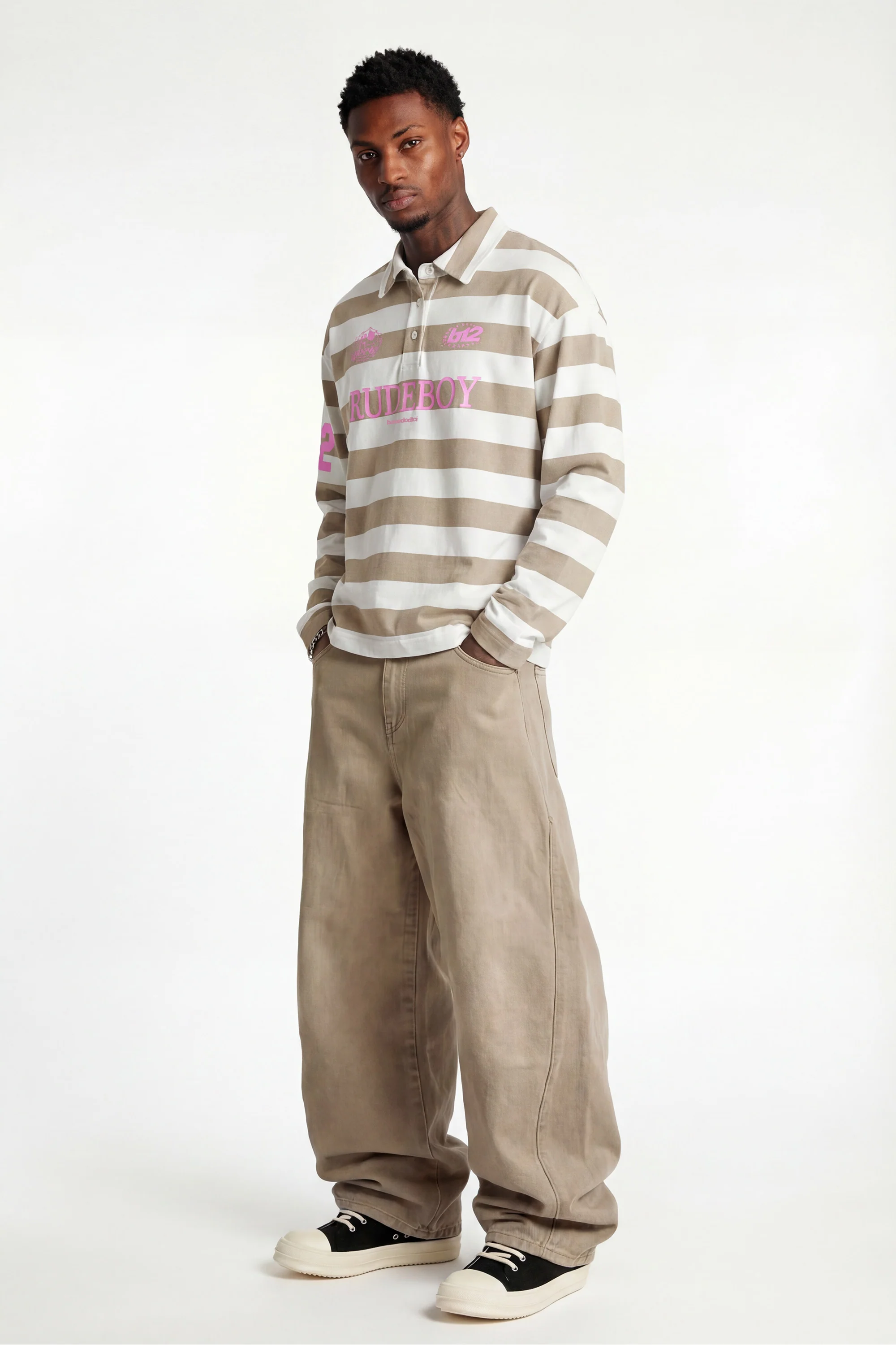 Polo Longsleeve "FOR DREAMERS" Rudeboy Stripe Beige - Image 3