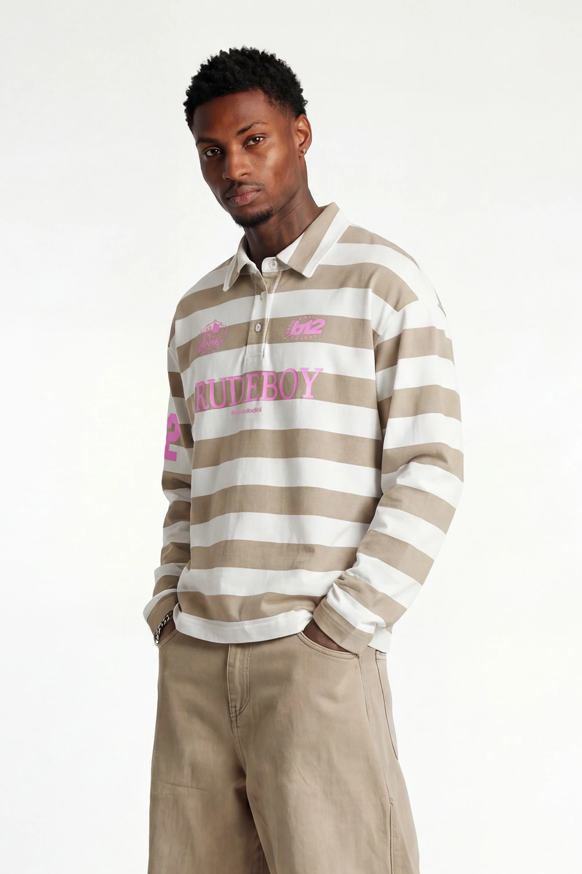 Polo Longsleeve "FOR DREAMERS" Rudeboy Stripe Beige - Image 7