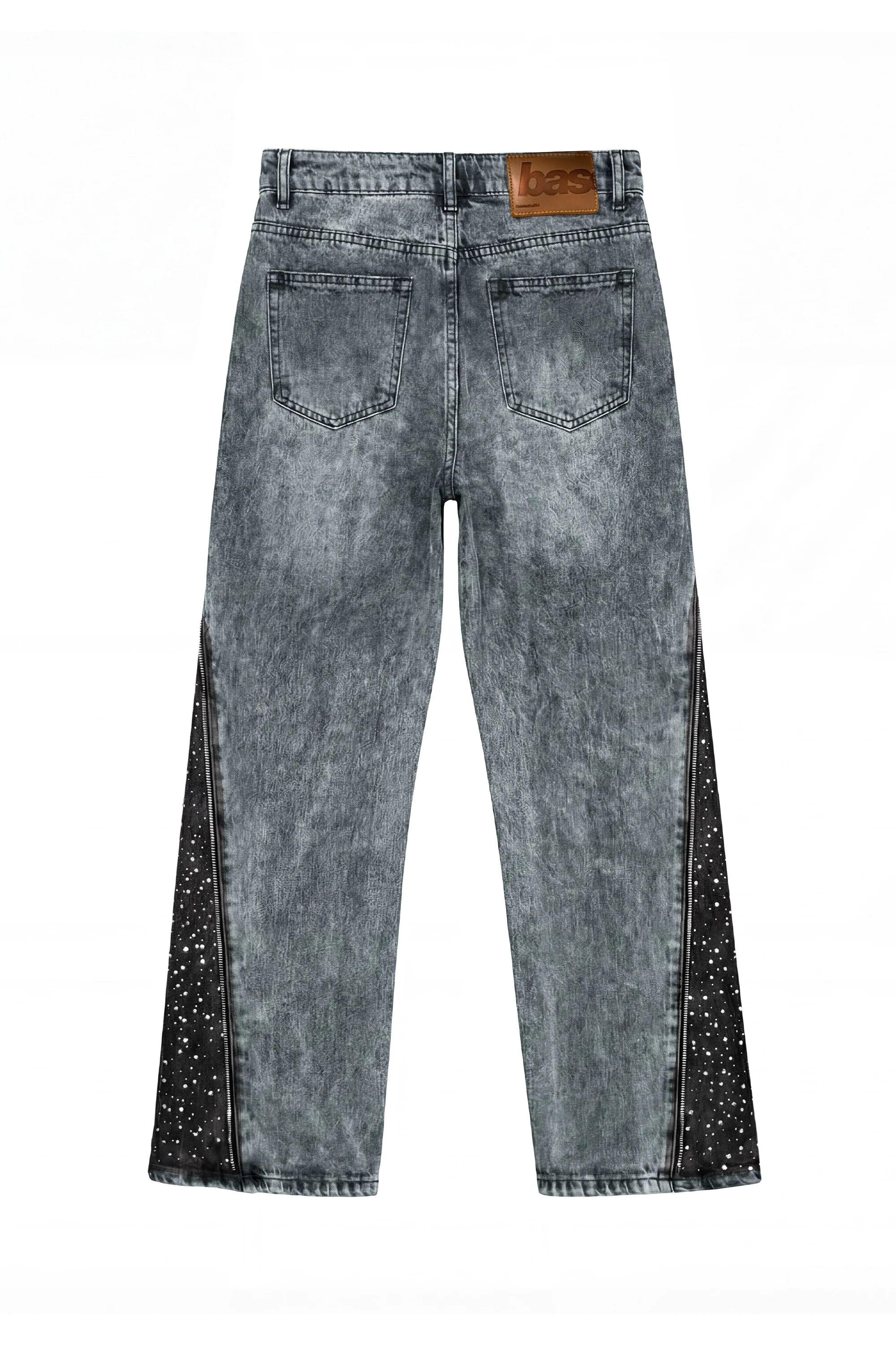 Side Zip Denim "RUDE DIAMOND" Rhinestones Stone Washed - Image 10