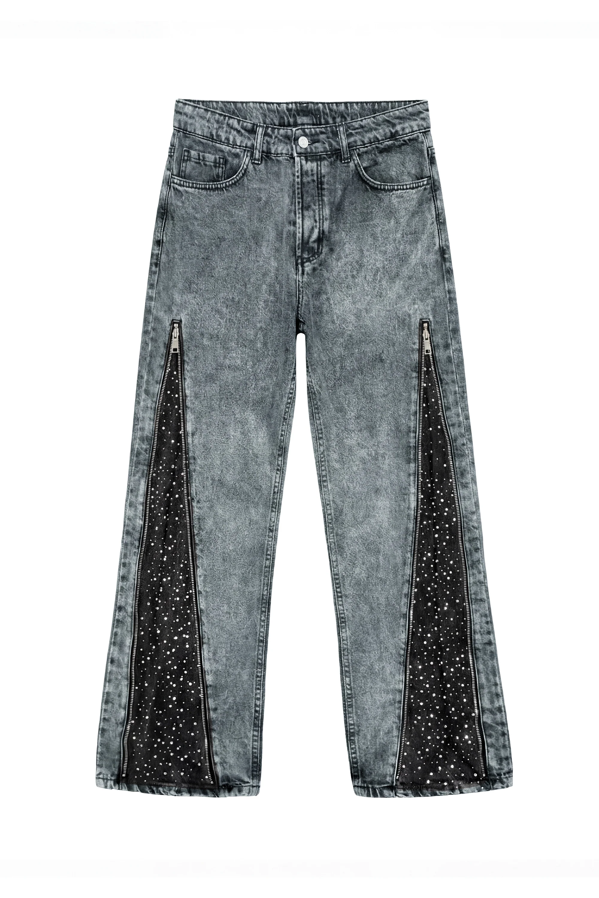 Side Zip Denim "RUDE DIAMOND" Rhinestones Stone Washed - Image 3